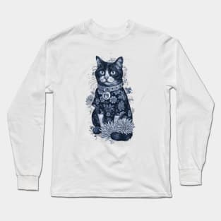 Expressive Feline in Floral Garment - Detailed Cat Illustration Long Sleeve T-Shirt